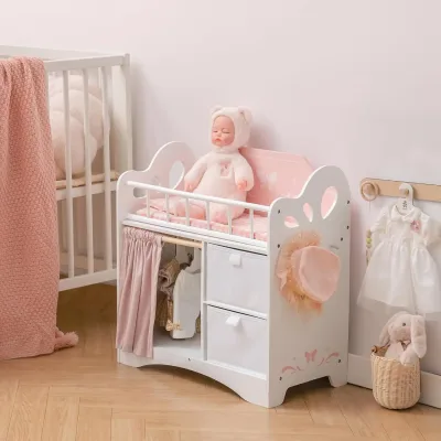 Berceau de poupée en bois rose avec rangement – image 2