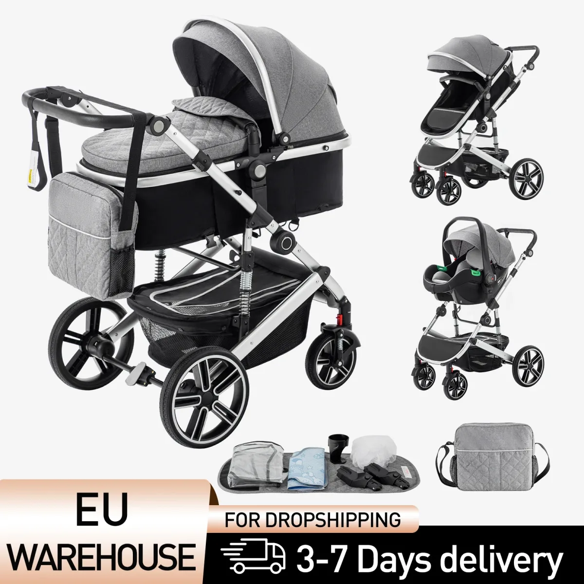 Poussette bébé 3 en 1 pliable en aluminium